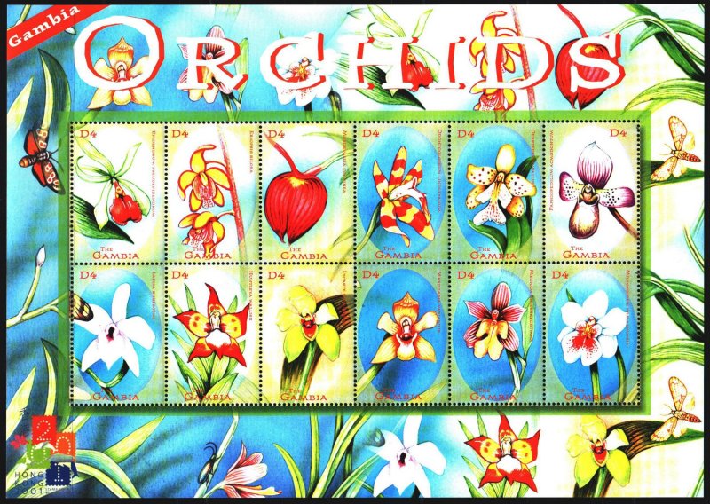 Gambia. 2001. Small sheet 4191-4202. Orchids, flowers, flora, butterflies. MNH. 