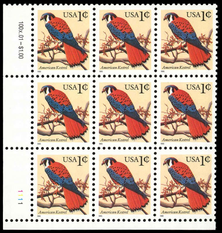 US Sc 2477 XF/MNH Plate Block of 9 - 1995 1¢ Kestral - Very Well Centered