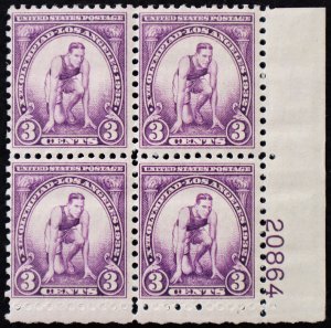 U.S. Mint Stamp Scott #718 3c Olympics Plate # Block. Never Hinged. Choice!