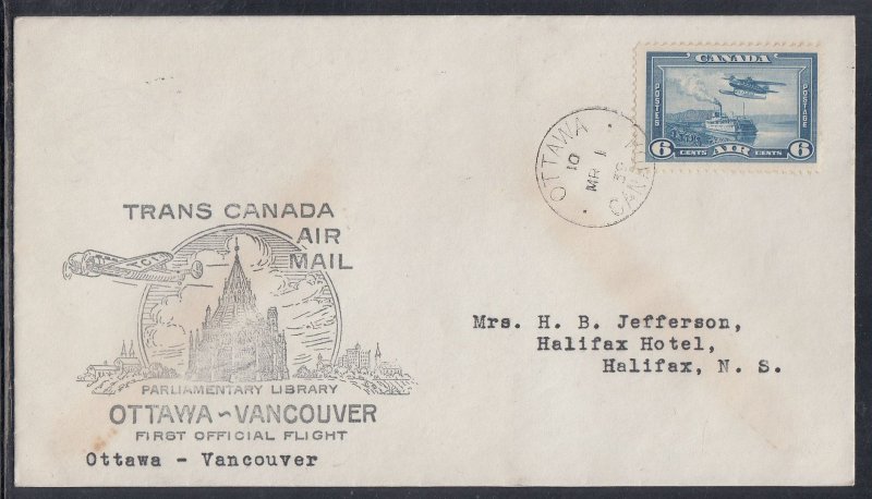 Canada FFC - Mar 1939 Ottawa, ON to Vancouver, BC