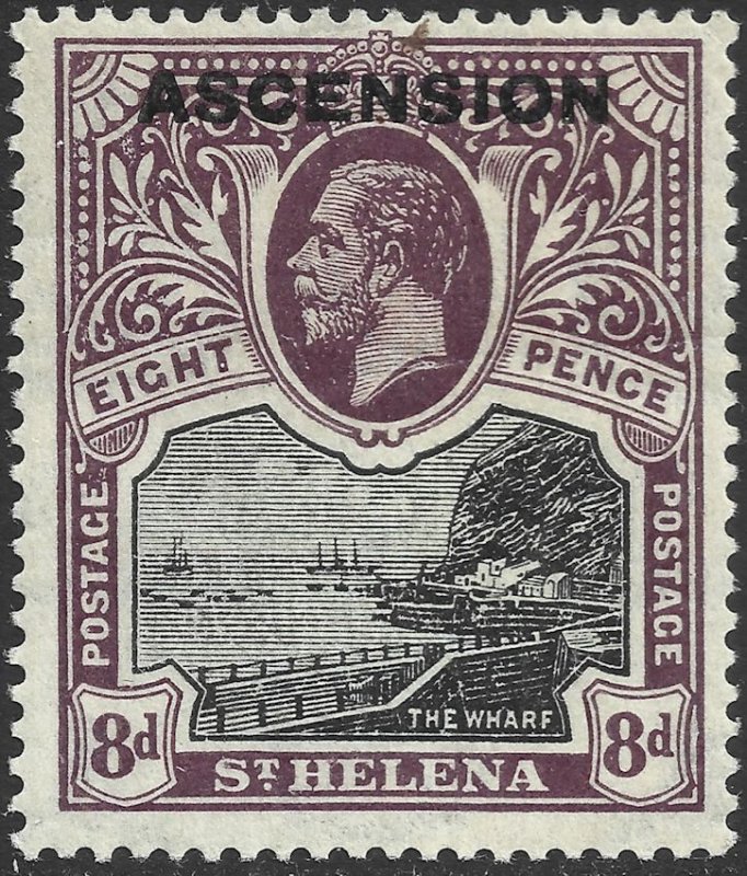 Ascension #6  Unused MOG - 8p dk vio/black Overprinted St Helena stamp. (1922)