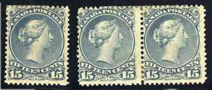 Canada #30b Cat$345, 1868 15c blue gray, single & pair, h.r., few shorter perfs