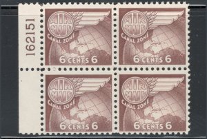 Canal Zone 1951 Globe & Wing 6c Scott # C22 MNH Plate Block of 4