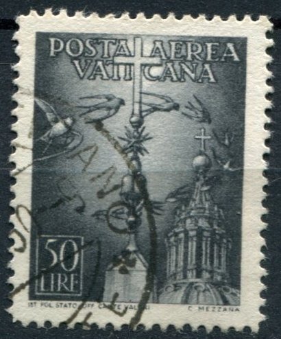 Vatican City Sc#C14 Used, 50L pur blk, Airmail (1947)