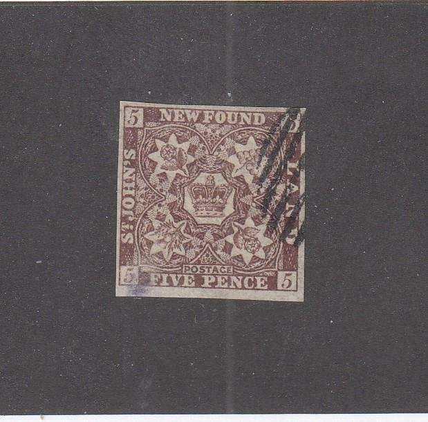 NEWFOUNDLAND (MK6771) # 5  VF-USED  5p 1857 CREST IMPERF / BROWN VIOLET CV $600