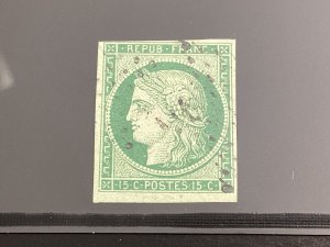 France #2 used 1849 Imperf 15c green Ceres