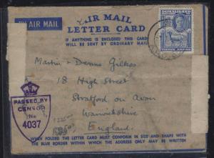 SOMALILAND COVER (PP0312B)   KGVI GOAT  3A ON A/M LETTER CARD CENSOR TO ENGLAND