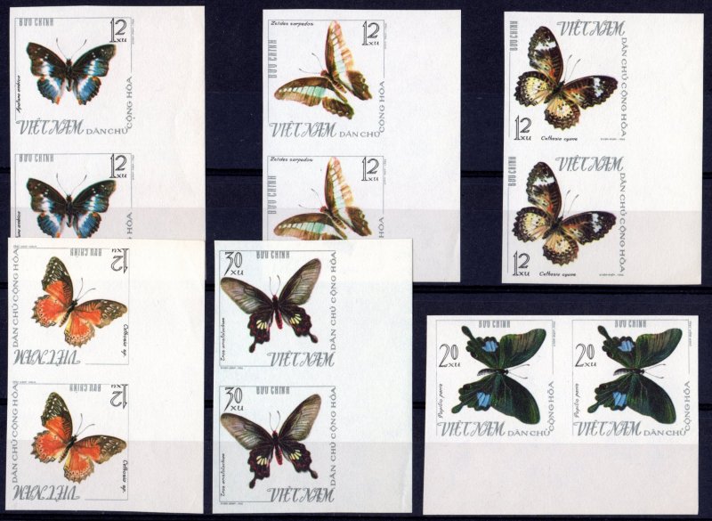 Viet Nam 1965 Sc#398/403 BUTTERFLIES Set in Pairs IMPERFORATED MNH