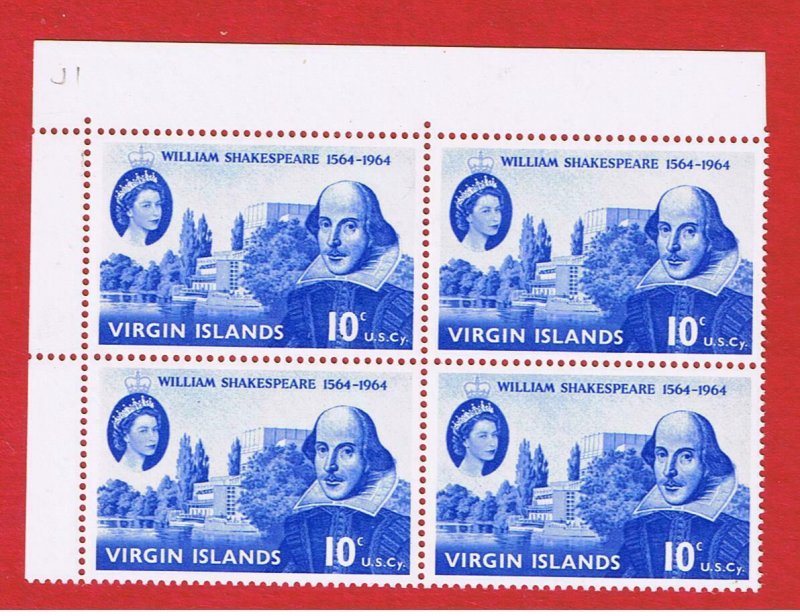 Virgin Islands #143  MNH OG  plate block of 4  Shakespeare  Free S/H