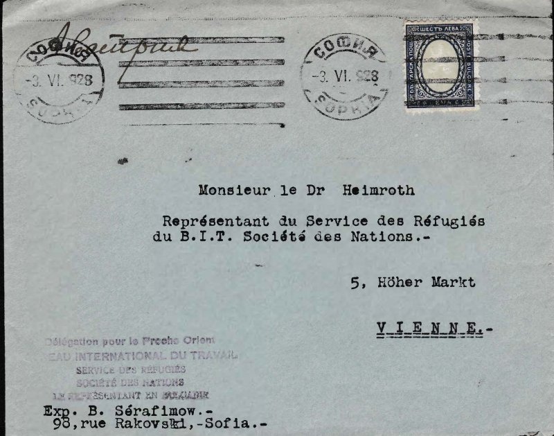 Bulgaria 1928 Cover Scott 202  Sophia to Vienna, International Bureau de Travial