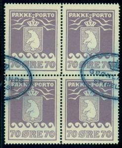 GREENLAND #Q7a (P10) 70ore Pakke Porto, Block of 4, used, Gronlund certificate,