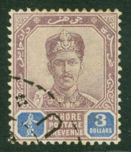 SG 51 Johore 1896. $3 dull purple/blue. Very fine used CAT £120