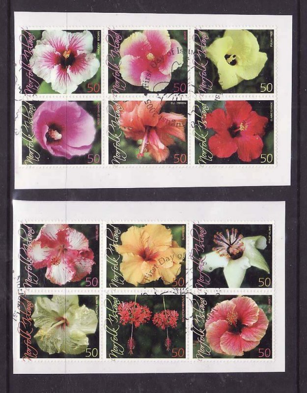 Norfolk Is.-Sc#859a-l- id9-2 used blocks on piece-Flowers-Hibiscus-2005-