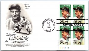 U.S. FIRST DAY COVER LOU GHERIG THE IRON HORSE BLOCK OF (4)+ ON CACHET 1989