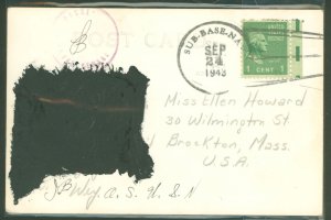 US 804 1943 1c prexy (Georg5e Washington) franked this September 1943 censored redacted postcard with a Sub Base, Navy cancel
