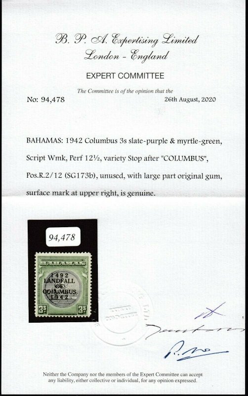 Bahamas, SG 173b, MLH Stop After Columbus variety, w/ 2020 BPA cert