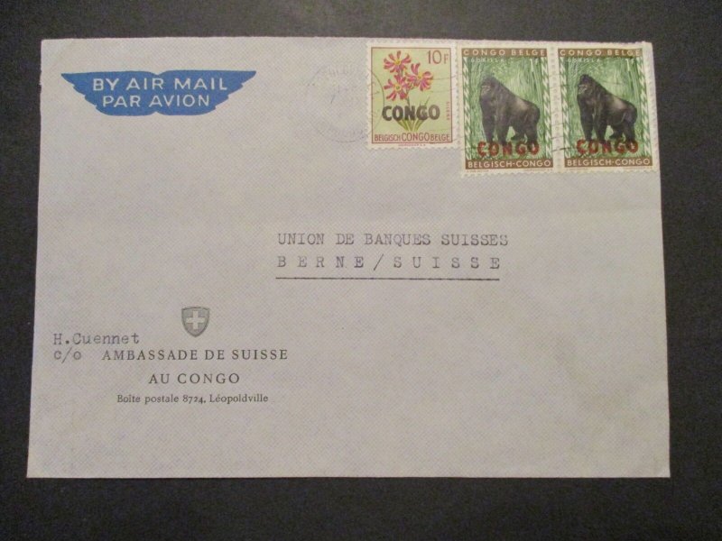 1960's Congo Africa Bern Switzerland Swiss Embassy Overprint Airmail Cover