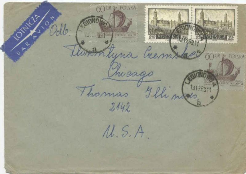 Poland 60g Frisian Kogge (2) and 2.10Z Legnica (2) 1963 Legionowo 4 Airmail t...