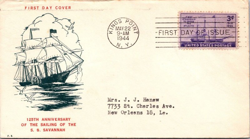 1944 FDC - 125th Anniv, SS Savannah - Kings Point, NY - F33620