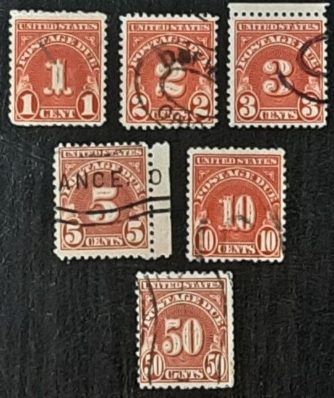 US Scott # J 80-J84.J86; 6 used Postage Due stamps from 1931; F/VF .