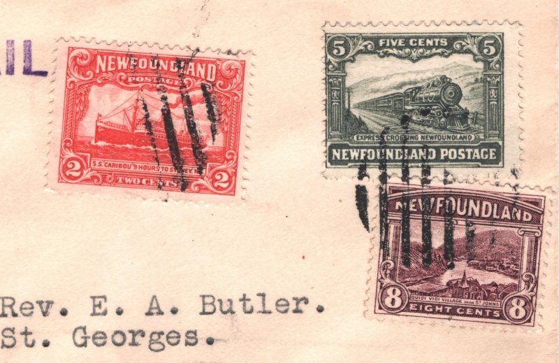 NEWFOUNDLAND Air 1931 Cover FIRST FLIGHT 2c 8c 5c EXPRESS TRAIN Franking XW326