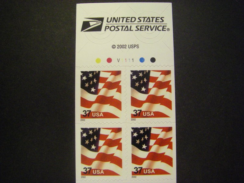 Scott 3634f, 37c Waving Flag, Pane of 10, #V1111, die cut 11.3, MNH Beauty