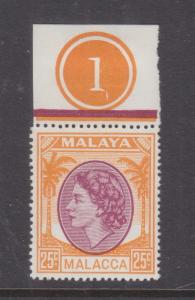 MALACCA, MALAYSIA, 1955 QE 25c., Plate #, mnh., lhm. in margin.