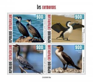 Central Africa - 2020 Cormorants, Great, Reed - 4 Stamp Sheet - CA200618a