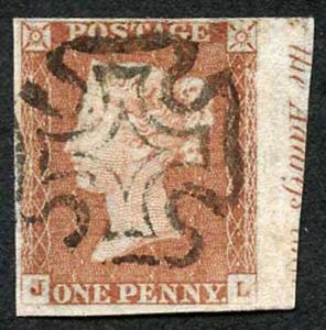 1841 Penny Red (JL) Plate 27 Fine Four Margins (just)