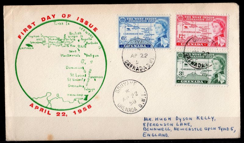 Grenada 1958 Sc#184/186 Q.E.II WEST INDIES FEDERATION FDC Letter Gouyane-England