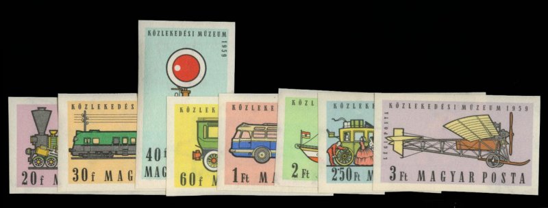 Hungary #1224-1230, C201 Cat$25, 1959 Transport Museum, imperf. set, never hi...