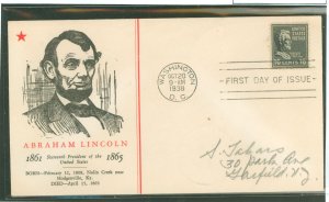 US 821 1938 16c Abraham Lincoln (presidential/prexy series)solo on an addressed first day cover with a Linprint cachet.