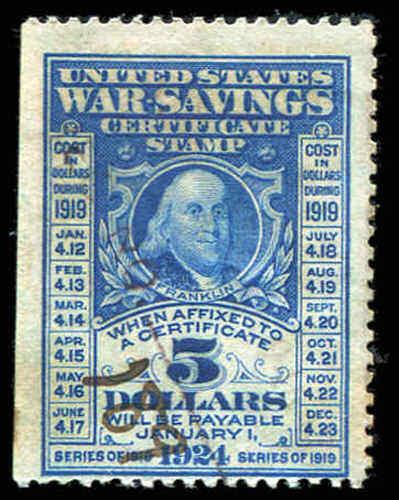 #WS4 War Savings $5.00 Deep Blue Franklin 1919 Series Used (1)