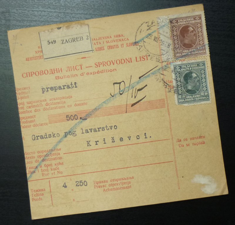 Yugoslavia 1928 Parcel Card from Zagreb to Krizevci Croatia A19