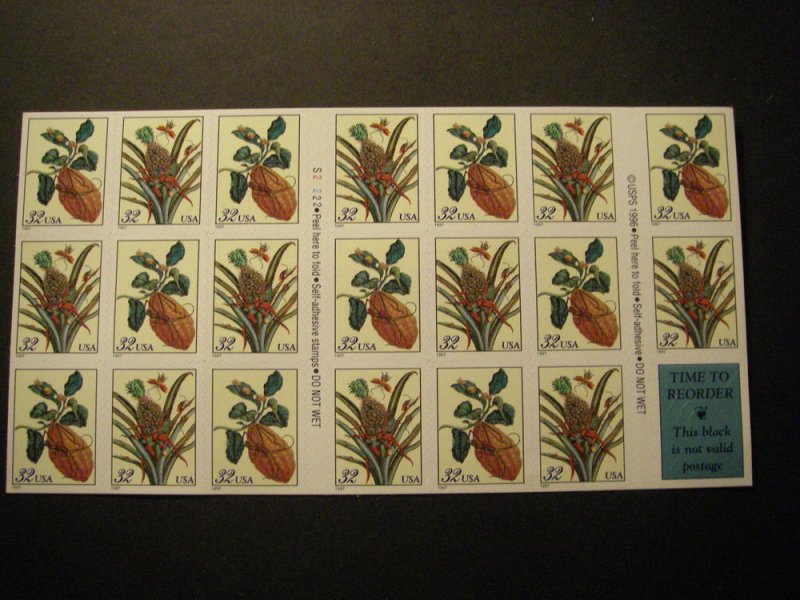 Scott 3127a, 32c Botanical Prints, Pane of 20, #S22222, MNH Booklet Beauty