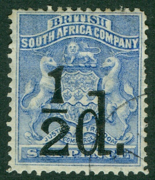 SG 14 Rhodesia 1892. ½d on 6d ultramarine. Very fine used. Scarce CAT £500
