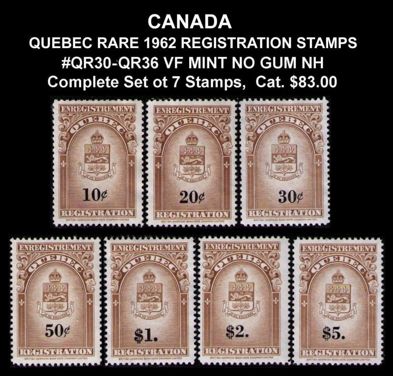 CANADA QUEBEC REVENUE QR30 QR31 QR32 QR33 QR34 QR35 QR36 CPL SET 7 CV $83 MNG NH