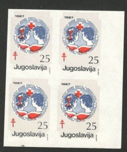 YUGOSLAVIA- MNH BLOCK OF 4 IMEPERFORATED STAMPS-RED CROSS, 25 din.-1987. (88)