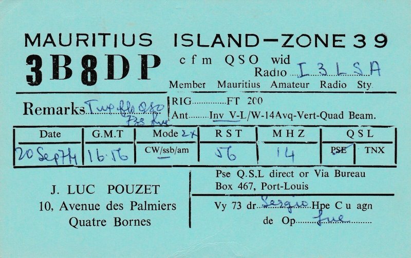 8573 Amateur Radio QSL Card  MAURITIUS ISLAND