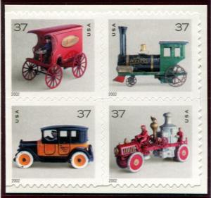 3645a US 37c Antique Toys SA, MNH blk/4