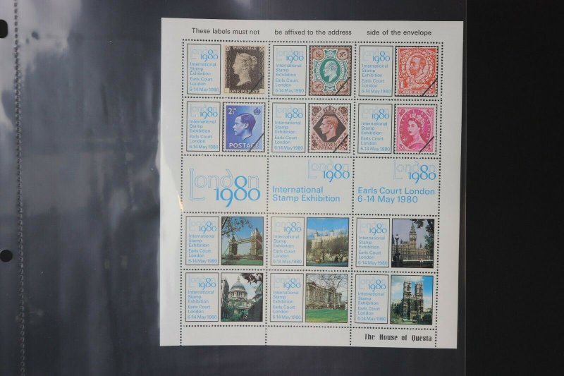 London 1980 Intl Stamp Exhibition House Questa GB UK reprints Philatelic sheet