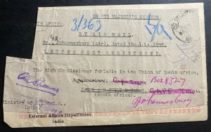 1948 New Delhi India OHMS Postal Tag Cover to High Commissioner South Africa