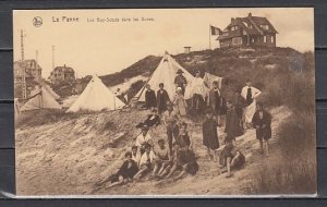 Belgium, Boy Scouts Relaxing on Dunes, Post Card. ^