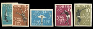 Albania #616-620 Cat$50, 1964 Tokyo Olympics, imperf. set of five, never hing...