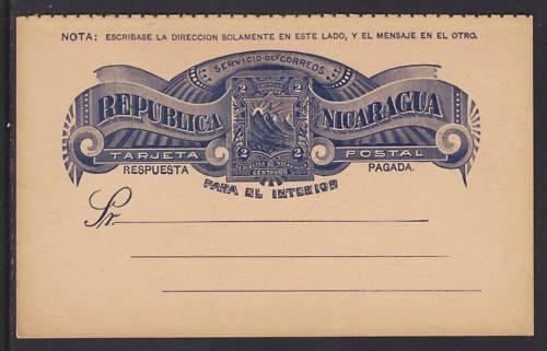 Nicaragua H&G 22 mint 1893 2c + 2c Reply Card F-VF