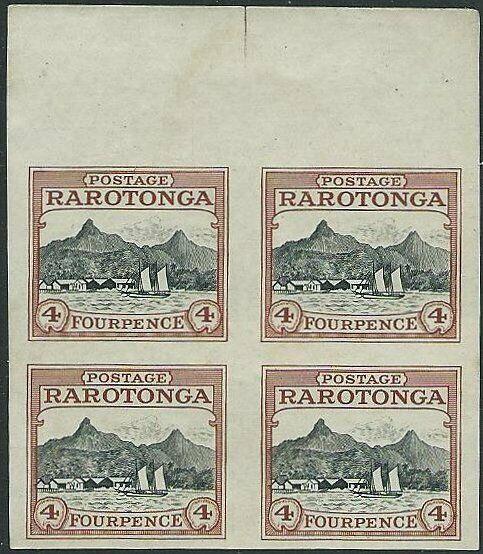 COOK IS 1920 4d IMPERF PLATE PROOF block of 4 on ungummed wove paper.......44164