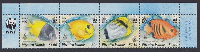 Pitcairn WWF Coral Reef Fish strip of 4v with WWF Logo SG#807-810 MI#805-808