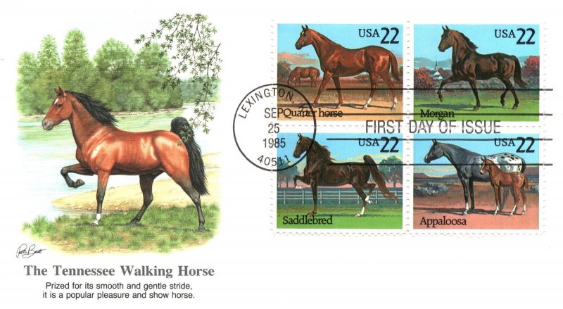 US FIRST DAY COVER SET OF 5 DIFFERENT AMERICAN HORSE CACHETS OF 1985 SERIES