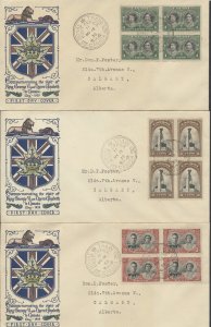 1939 #246-248 Set of 3 Royal Visit FDCs Blocks Hand Coloured HRW Cachets