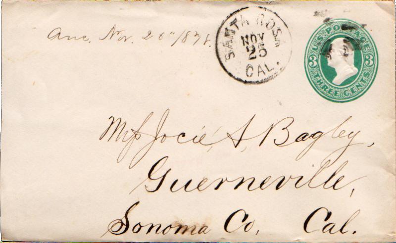 United States California Santa Rosa 1878 cork killer  Postal Stationery Envel...